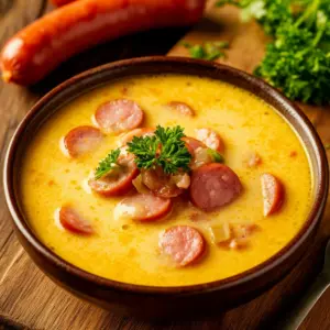 Сырный суп с охотничьими колбасками